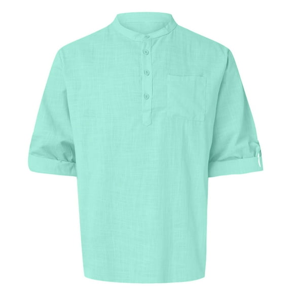 Cotton Linen Tops for Men Roll-up Long Sleeve Plain Pullover Tee Shirts Chest Pocket Buttons Henley T-shirts (3XL, Mint Green)