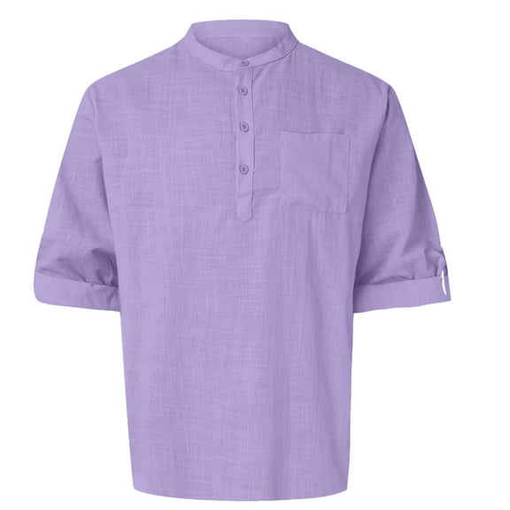 Cotton Linen Tops for Men Roll-up Long Sleeve Plain Pullover Tee Shirts Chest Pocket Buttons Henley T-shirts (XL, Purple)