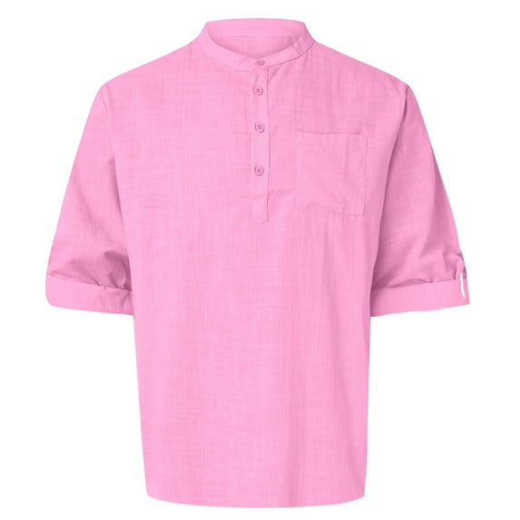 Cotton Linen Tops for Men Rolled Long Sleeve Plain Pullover Tee Shirts Chest Pocket Buttons Henley T-shirts (2XL, Pink)