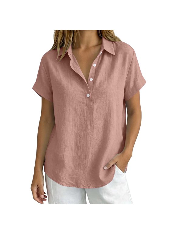 Cotton Linen Tops for Women 2026 Summer Gauze Button Down Collared Shirts Short Sleeve V Neck Dressy Casual Blouses