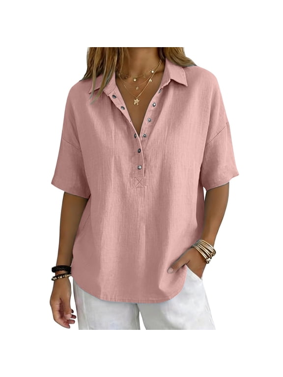 Cotton Linen Tops for Women 2026 Summer Gauze Button Down Collared Shirts Short Sleeve V Neck Dressy Casual Blouses