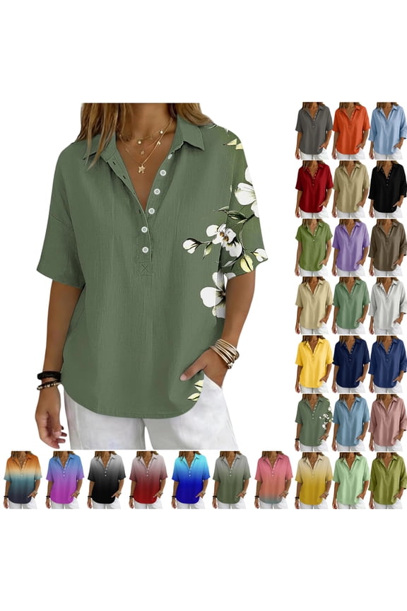 Cotton Linen Tops for Women - 2026 Summer Gauze Shirts Button Down V Neck Half Sleeve Blouses Dressy Casual Clothes