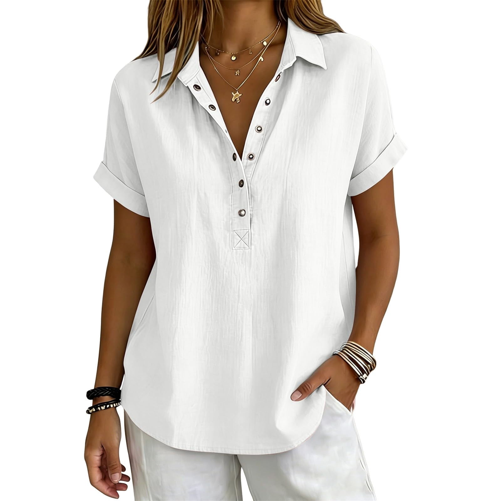 Cotton Linen Tops for Women 2026 Summer V Neck Half Sleeve Henley Shirt ...