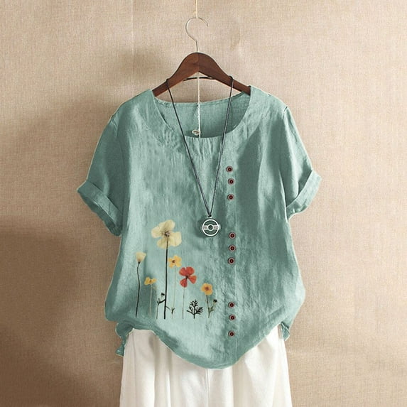 Cotton Linen Tops for Women 3/4 Sleeve Dandelion Graphic Print Crewneck Vintage Blouse Shirts Tops Plus Size S-5XL