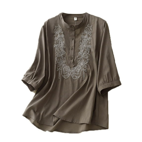 Cotton Linen Tops for Women 3/4 Sleeve Loose Embroidery Quarter Button Up Shirts Round Neck Light Casual Tunic Blouses (M, Gray)