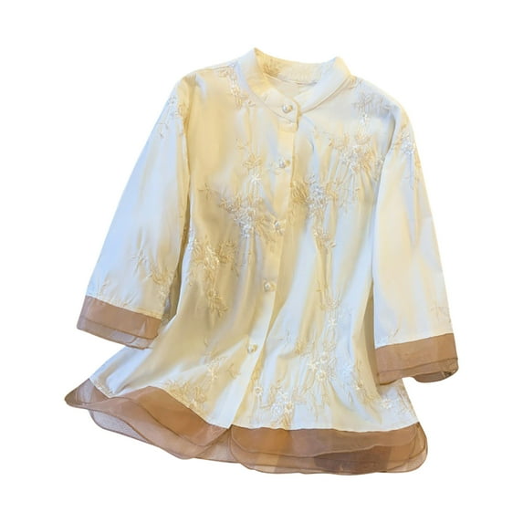 Cotton Linen Tops for Women 3/4 Sleeve V Neck Button Shirts Retro Floral Print Embroidered Stand Up Casual Loose Flowy Blouse,Beige 2,L