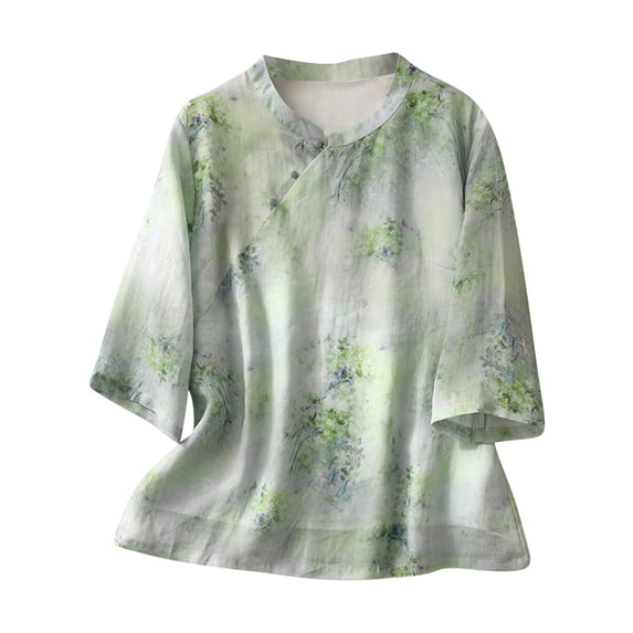 Cotton Linen Tops for Women 3/4 Sleeve V Neck Button Shirts Retro Floral Print Embroidered Stand Up Casual Loose Flowy Blouse,Green 2,L