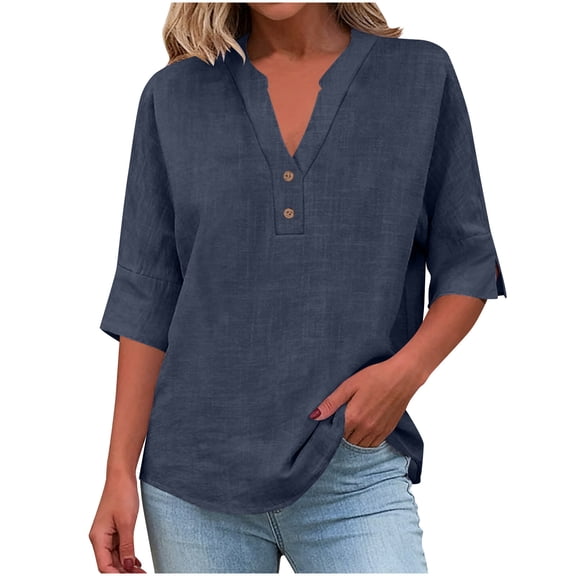 Cotton Linen Tops for Women 3/4 Sleeve V Neck T-Shirt with Buttons Solid Color Loose Fit Casual Summer Tees (M, Navy)