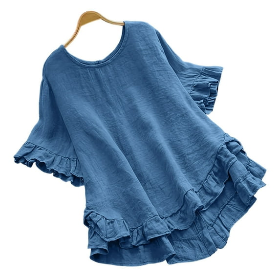Cotton Linen Tops for Women Casual Round Neck Short Sleeve Blouses Cute Loose Solid Color Ruffle Hem Button Down Back Pleated T Shirts