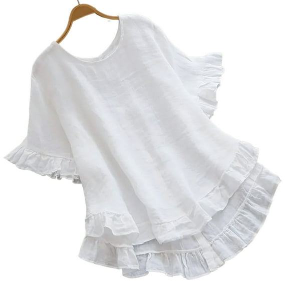 Cotton Linen Tops for Women Casual Round Neck Short Sleeve Blouses Cute Loose Solid Color Ruffle Hem Button Down Back Pleated T Shirts