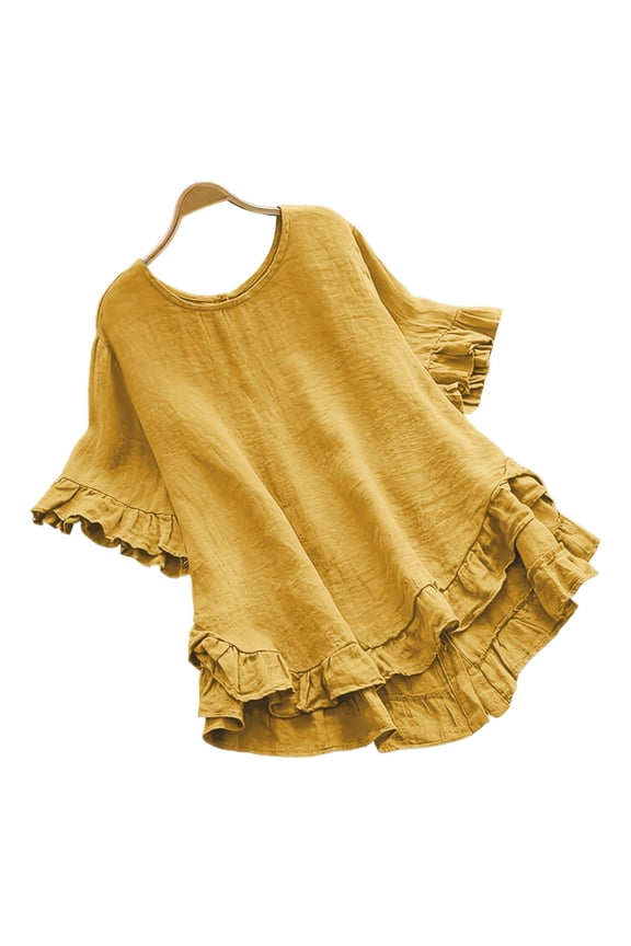 Cotton Linen Tops for Women Casual Round Neck Short Sleeve Blouses Cute Loose Solid Color Ruffle Hem Button Down Back Pleated T Shirts