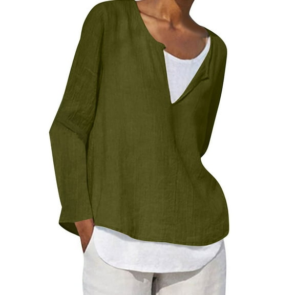 Cotton Linen Tops for Women Crew Neck Button Long Sleeve Tshirts Solid Casual Loose Comfy Plus Size Blouse Tees Army Green