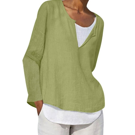 Cotton Linen Tops for Women Crew Neck Button Long Sleeve Tshirts Solid Casual Loose Comfy Plus Size Blouse Tees