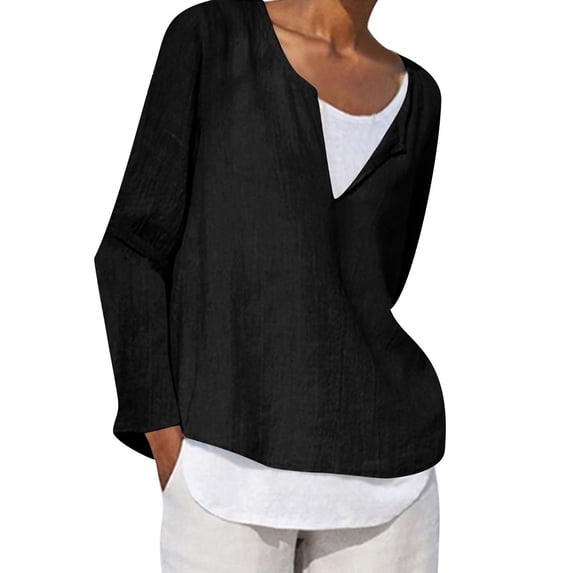 Cotton Linen Tops for Women Crew Neck Button Long Sleeve Tshirts Solid Casual Loose Comfy Plus Size Blouse Tees