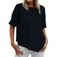 thumbnail image 1 of Cotton Linen Tops for Women Crew Neck Solid Summer Blouse Plus Size Irregular Hem Casual Comfy Short Sleeve T-Shirts, 1 of 4