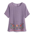 thumbnail image 1 of Cotton Linen Tops for Women Floral Printed Flowy Crew Neck Short Sleeve Shirts Casual Soft Breathable Blouses (L, Purple 1), 1 of 5