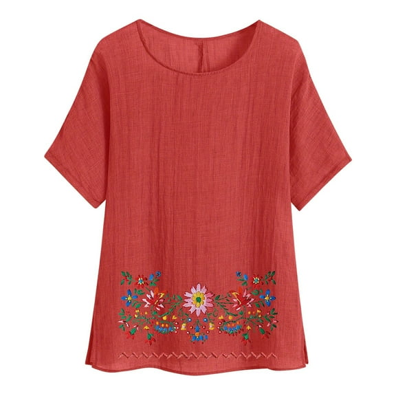 Cotton Linen Tops for Women Floral Printed Flowy Crew Neck Short Sleeve Shirts Casual Soft Breathable Blouses (M, Red 1)