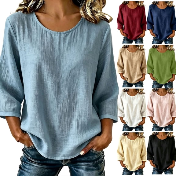 Cotton Linen Tops for Women Long Sleeve Crew Neck Tshirts Plus Size S-3XL Lightweight Casual Tops