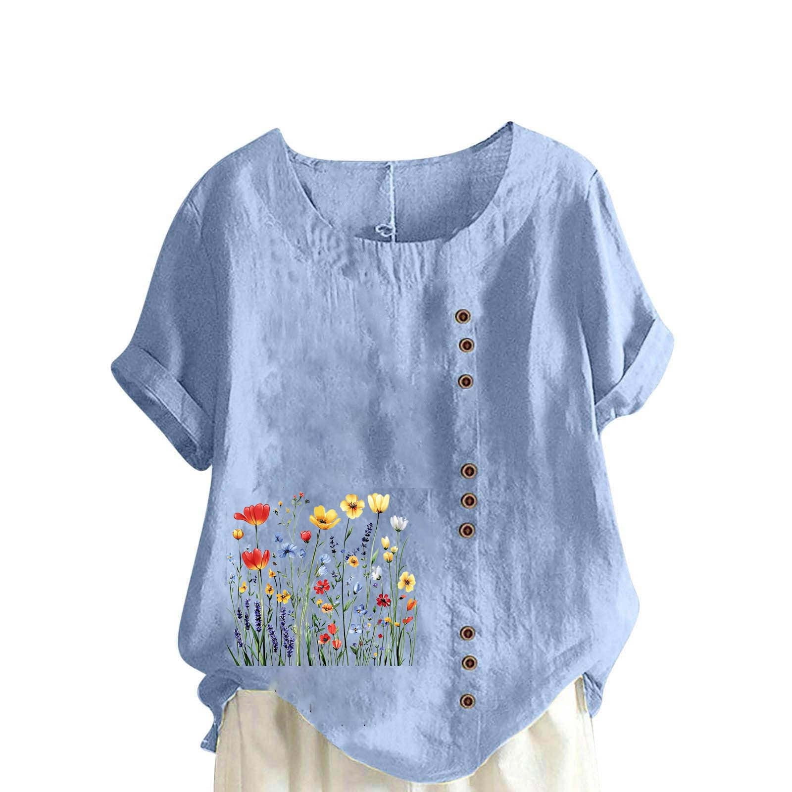 Cotton Linen Tops for Women Loose Fit Casual Roll Up Short Sleeve T ...