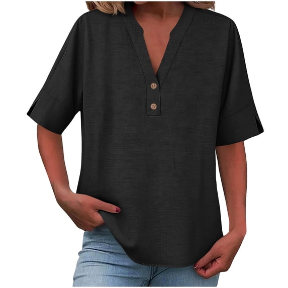 Cotton Linen Tops for Women Loose Fit Short Sleeve Shirts Summer Button V Neck Casual Dressy T-Shirts Blouses (XL, Black)