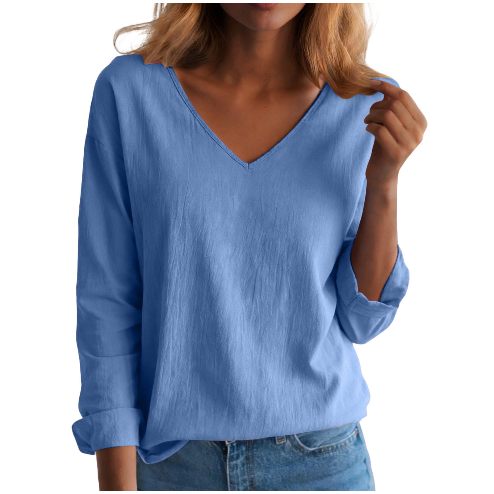 Cotton Linen Tops for Women Loose Fit Solid Long Sleeve Shirts Summer V ...