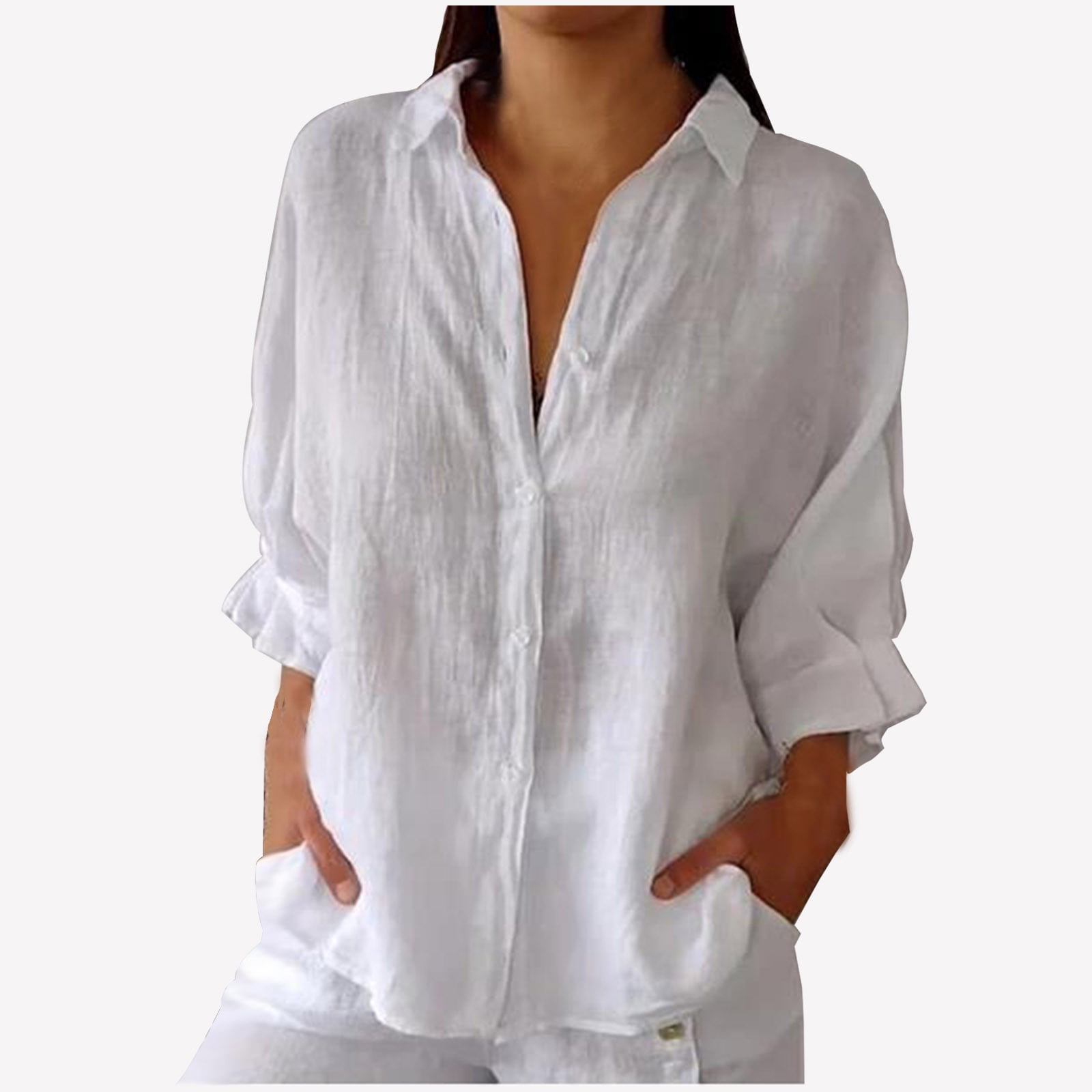 Cotton Linen Tops for Women Oversized Long Sleeve Button Down Shirts