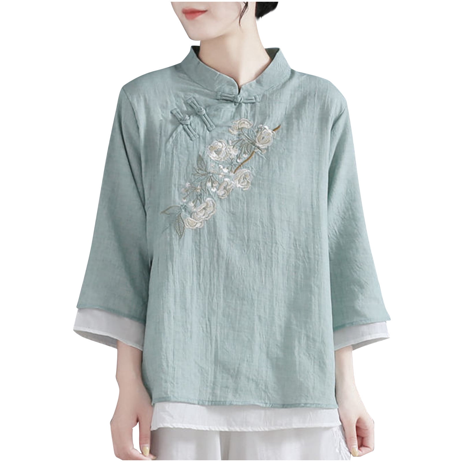 Cotton Linen Tops for Women Plus Size Retro Chinese Frog Button Blouse ...