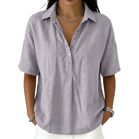 Cotton Linen Tops for Women Short Sleeve Collared Blouses Shirt Loose Fit 1/2 Button Summer Vacation Travel Daily Wear, M