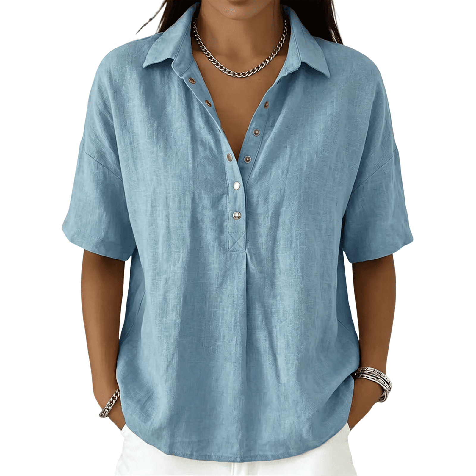 Cotton Linen Tops for Women Short Sleeve Collared Blouses Shirt Loose ...