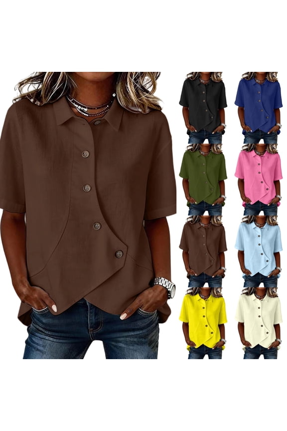 Cotton Linen Tops for Women Short Sleeve Irregular Shirts Apparent Gauze Top Button Down Crew Neck Lapel Tunic Blouses ,3XL,#01 Coffee