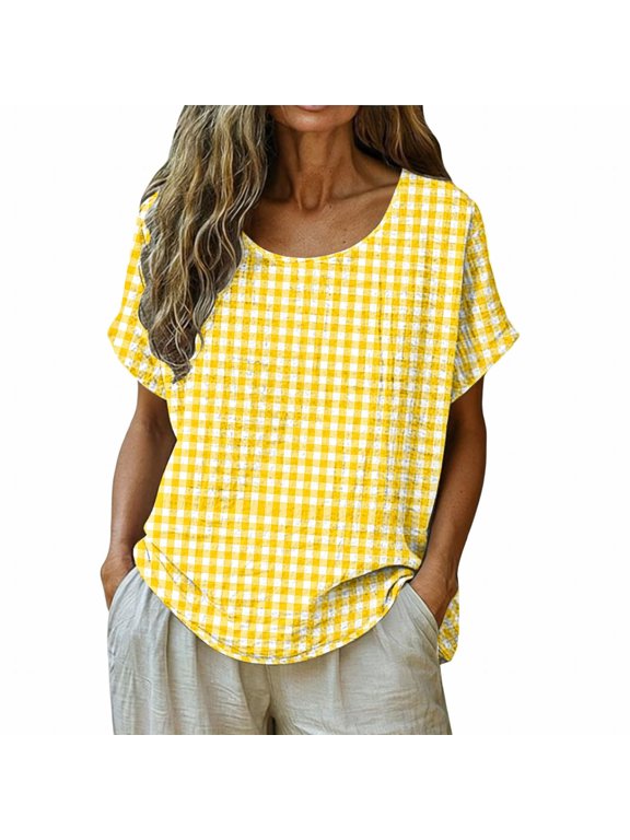 Cotton Linen Tops for Women Short Sleeve Tunic Blouse Crew Neck Tops Trendy Cute Plaid Shirts Yellow