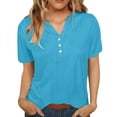 thumbnail image 1 of Cotton Linen Tops for Women Short Sleeve V Neck Summer Casual Shirt Button down Tshirt Pullover Blouses, Blue, XL, 1 of 7