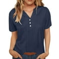 thumbnail image 1 of Cotton Linen Tops for Women Short Sleeve V Neck Summer Casual Shirt Button down Tshirt Pullover Blouses, Navy, XXL, 1 of 7
