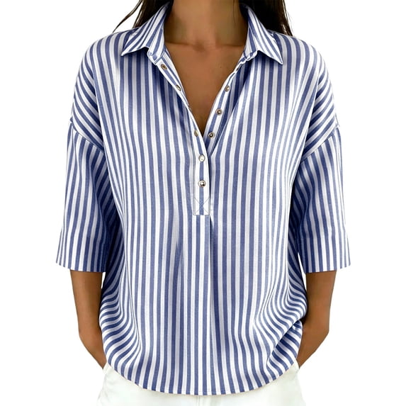 Cotton Linen Tops for Women Striped Long Sleeve Tops Soft Loose Fit Casual Fashion T-Shirt Tops for Holiday Daily Wear by Gbobgt Blue L