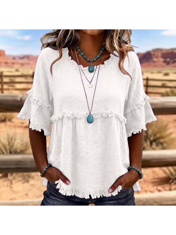 Gauze Tops for Women Summer Ruffle Short Sleeve Flowy Fringe Shirt Lightweight Boho Beach Cotton Linen Blouses