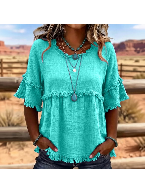 Gauze Tops for Women Summer Ruffle Short Sleeve Flowy Fringe Shirt Lightweight Boho Beach Cotton Linen Blouses