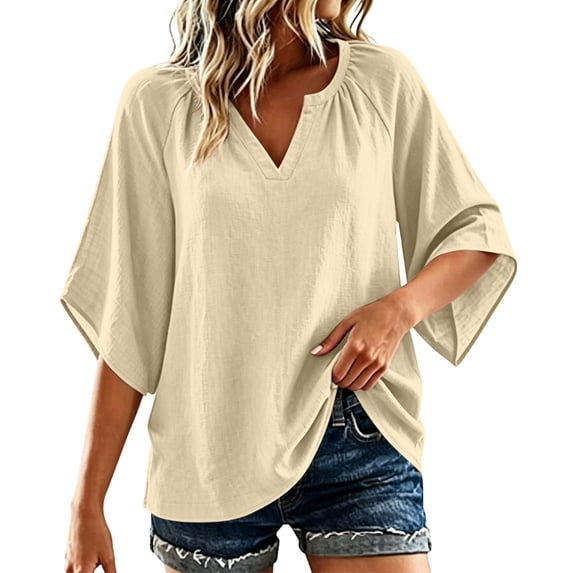 Cotton Linen Tops for Women - Summer Gauze Shirts 3/4 Sleeve V Neck Blouses Dressy Casual Loose Fit Clothes Khaki M(M)