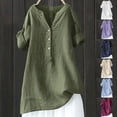 thumbnail image 1 of Cotton Linen Tops for Women Summer Trendy Loose Fit Blouse Casual Stand Collar Mid Sleeve T-Shirt by Yigetop Army Green L, 1 of 6