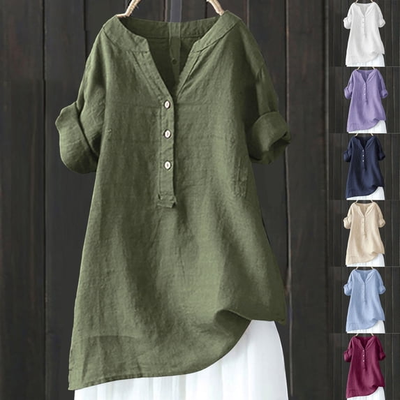 Cotton Linen Tops for Women Summer Trendy Loose Fit Blouse Casual Stand Collar Mid Sleeve T-Shirt by Yigetop Navy 3XL