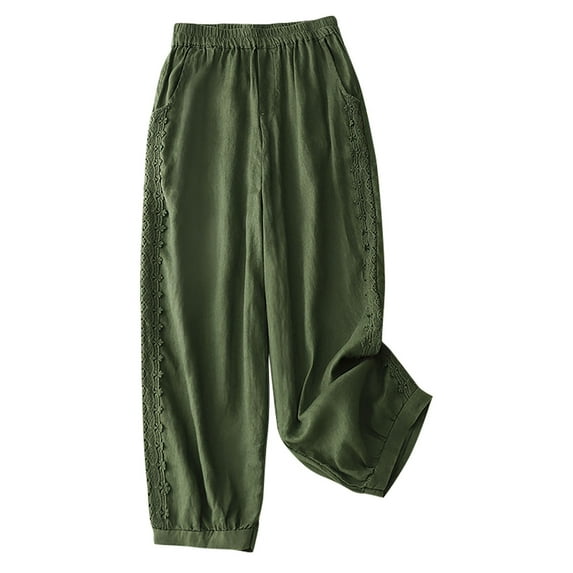 Cotton Linen Trousers for Women Wide Leg Cropped Pants Plus Size Plain Baggy Jogger Elastic High Waisted Jogging Bottoms Loose Fit Classic Tracksuit Buttoms Loungewear Office Work Trousers