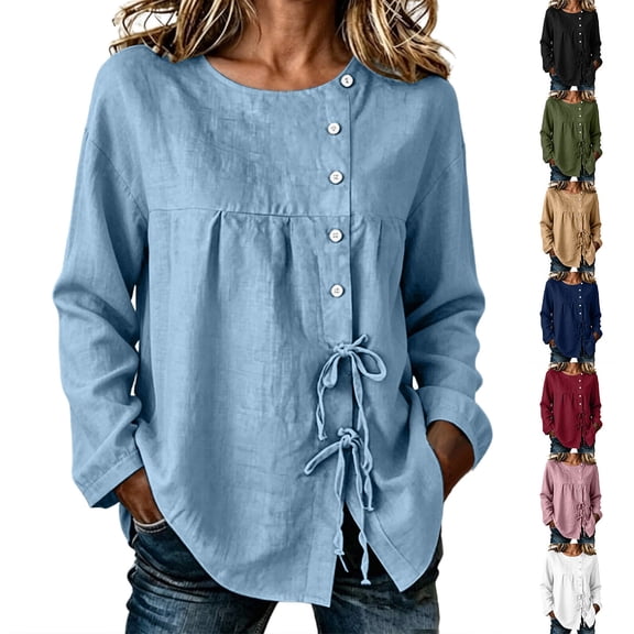 Cotton Linen Tshirts for Women Plus Size Long Sleeve Crew Neck Tops Womens Tie Front Lightweight Loose Casual Fall Tops S-3XL