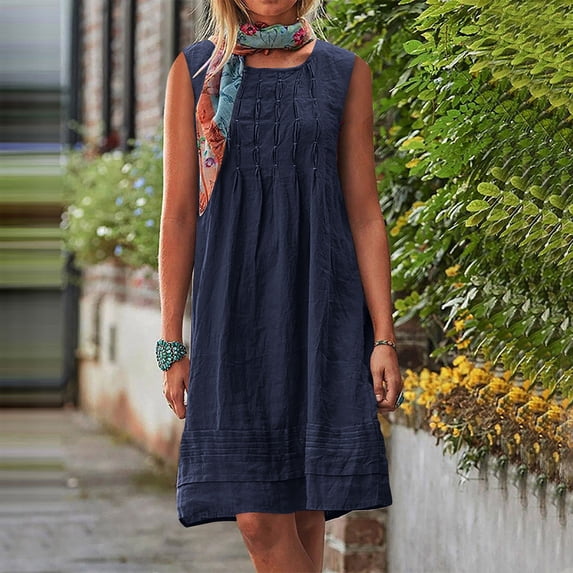 Cotton Linen Tunic Dress Plus Size Women's Sleeveless Crew Neck Pleated Loose Fitting Tank Sundress Navy 4XL