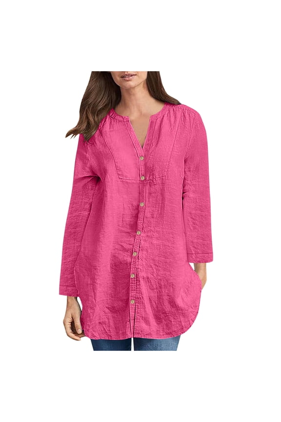 Cotton Linen Tunic Tops for Women Loose Plain Long Sleeve V Neck Shirts Casual Button Up Blouses Fall Clothing (2XL, Hot Pink)