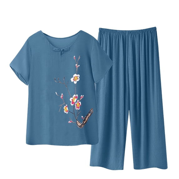Cotton Linen Two Piece Outfits for Women Casual Short Short Sleeve Floral Tops and Wide Leg Lounge Pants Tracksuit