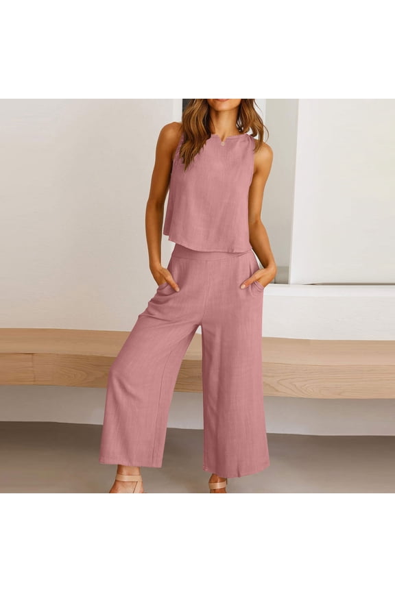 Cotton Linen Two Piece Sets for Women 2025 Wide Leg Two Piece Pants Set Casual Tank Tops Two Piece Outfits Summer Lounge Set, Limited Time Offer, Under 10 Dollars