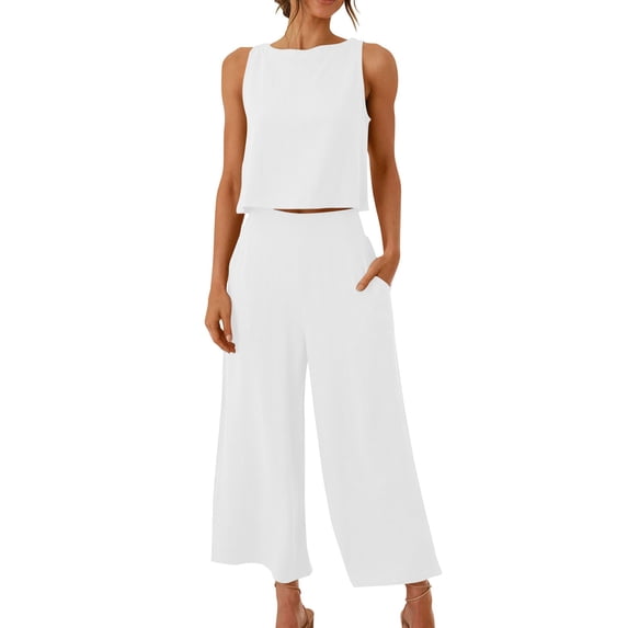 Cotton Linen Two Piece Sets for Women 2025 Wide Leg Two Piece Pants Set Casual Tank Tops Two Piece Outfits Summer Lounge Set, Limited Time Offer