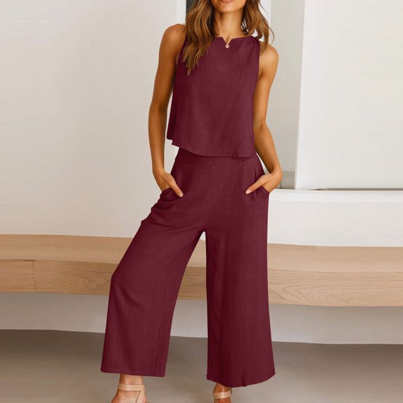 Cotton Linen Two Piece Sets for Women 2025 Wide Leg Two Piece Pants Set Casual Tank Tops Two Piece Outfits Summer Lounge Set, Limited Time Offer