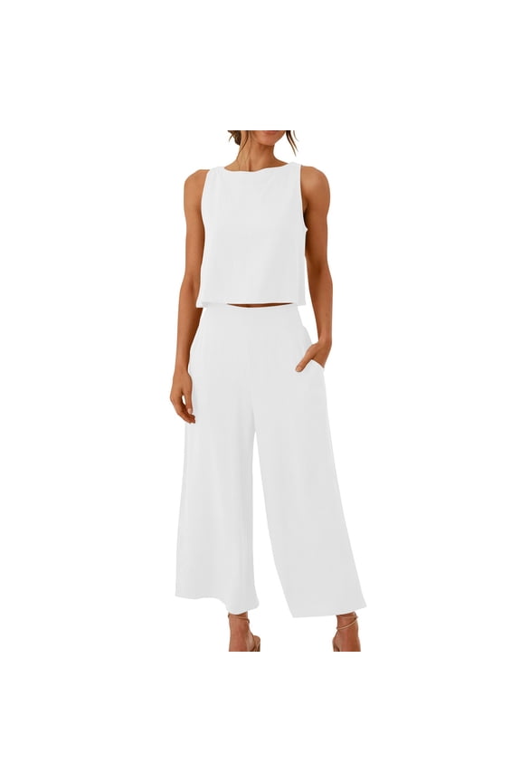 Cotton Linen Two Piece Sets for Women 2025 Wide Leg Two Piece Pants Set Casual Tank Tops Two Piece Outfits Summer Lounge Set, Limited Time Offer