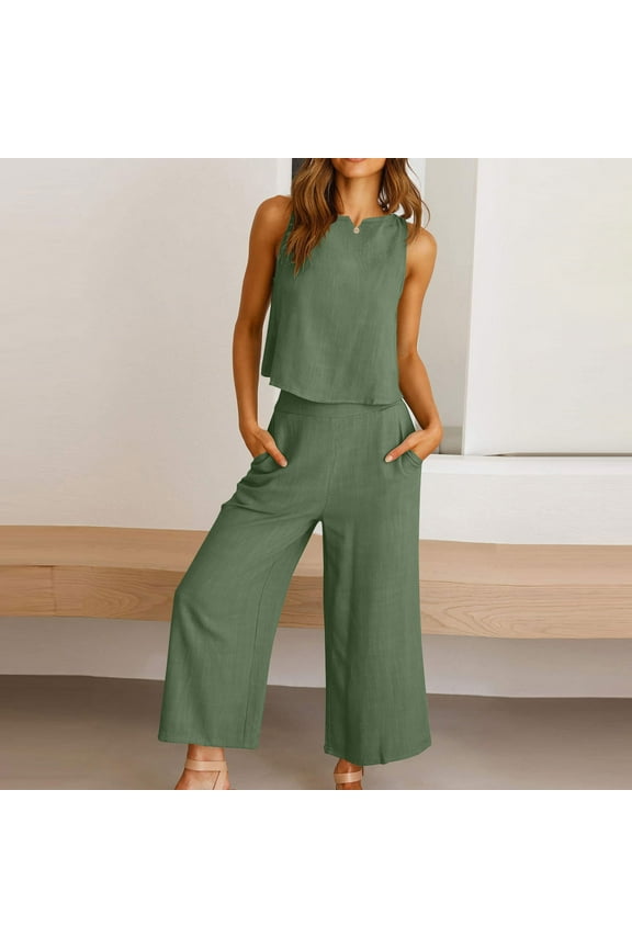 Cotton Linen Two Piece Sets for Women 2025 Wide Leg Two Piece Pants Set Casual Tank Tops Two Piece Outfits Summer Lounge Set, Limited Time Offer