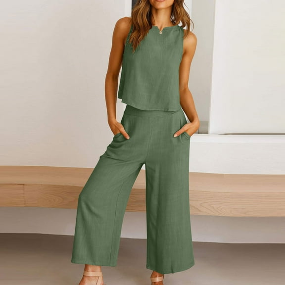 Cotton Linen Two Piece Sets for Women 2025 Wide Leg Two Piece Pants Set Casual Tank Tops Two Piece Outfits Summer Lounge Set, Limited Time Offer